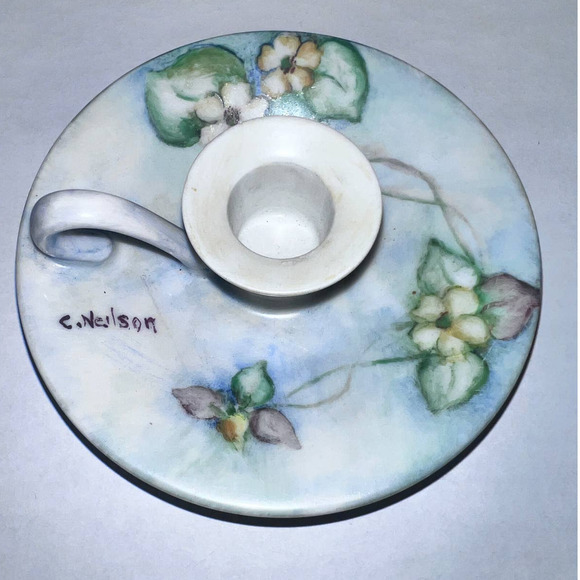 Vintage Handpainted Porcelain Candleholder, Saucers, Napkin Holder Rings, Signed - Picture 1 of 14